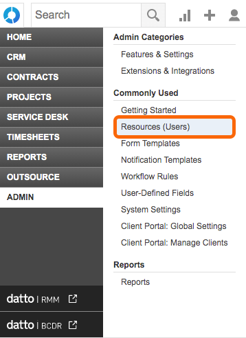 Autotask - Admin menu > Resources (Users)