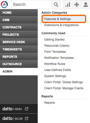 Autotask - Admin > Features & Settings