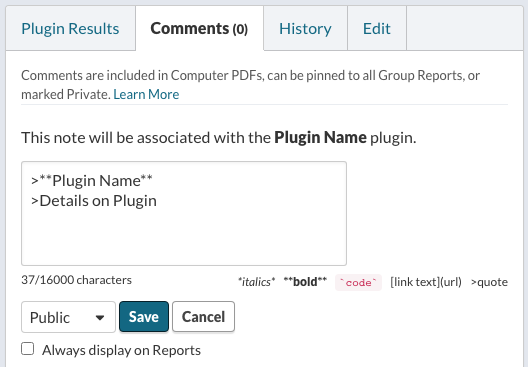 Enter details on Note Associated with Plugin