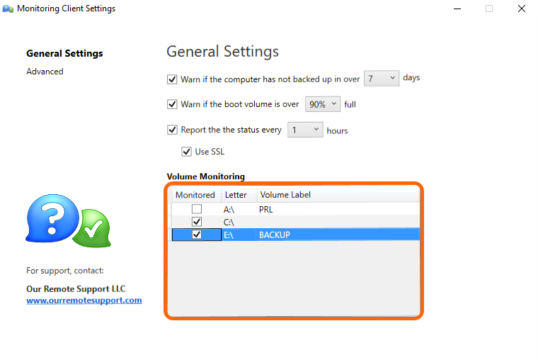 Use the Windows Monitoring Client Control Panel > Volume Monitoringontrol Panel to configure notifications when a volume is missing, or too full.