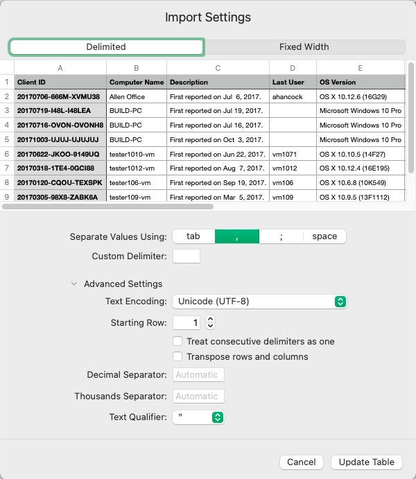 Numbers: Import Settings