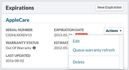 Example AppleCare Expiration - Action Menu
