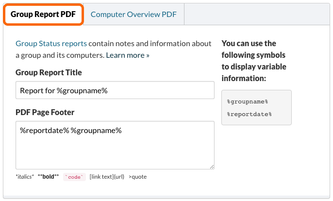 Group Report PDF Settings