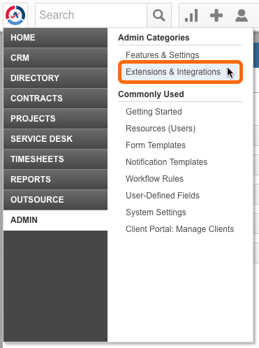Autotask > Admin > Extensions & Integrations