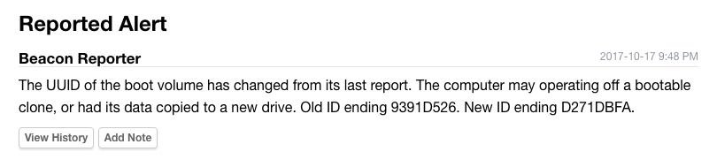 Beacon Reporter - UUID of boot volume changed