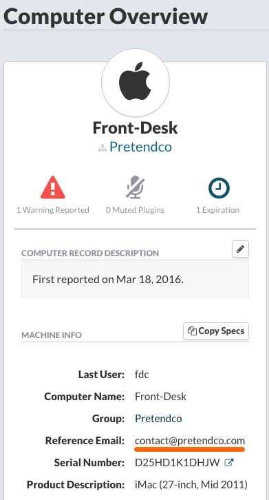 Computer Reference Email under Machine Info