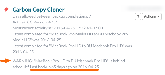 Carbon Copy Cloner Status with Warning