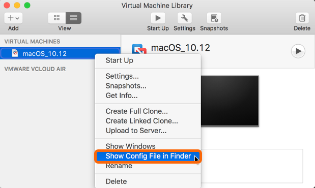 vmware Fusion: VM Library > Show Config File