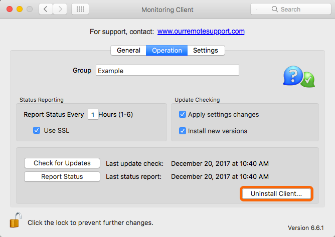 Mac: Monitoring Client Preference Pane > Operation > Uninstall Client...