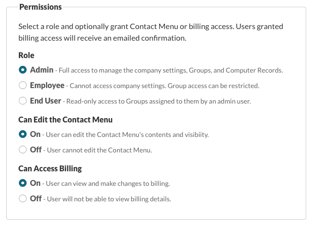 Permissions: Role, Can Edit Contact Menu, Can Access Billing
