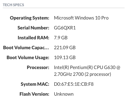 Example WIndows Tech Specs