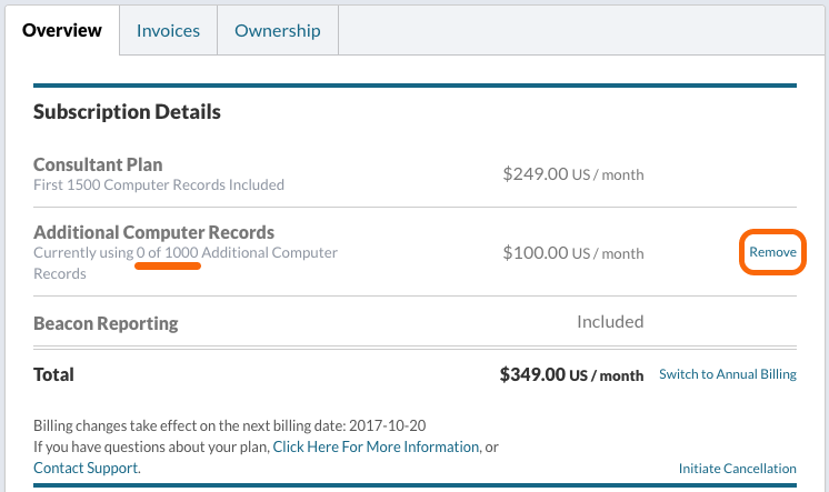 Downgrading - Subscription Details