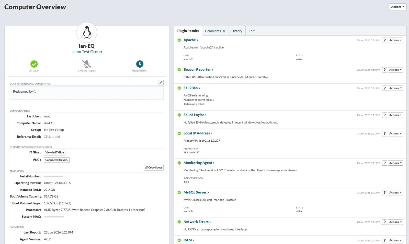 Linux hosts in the Watchman Monitoring Dashboard alongside Mac and Windows computers